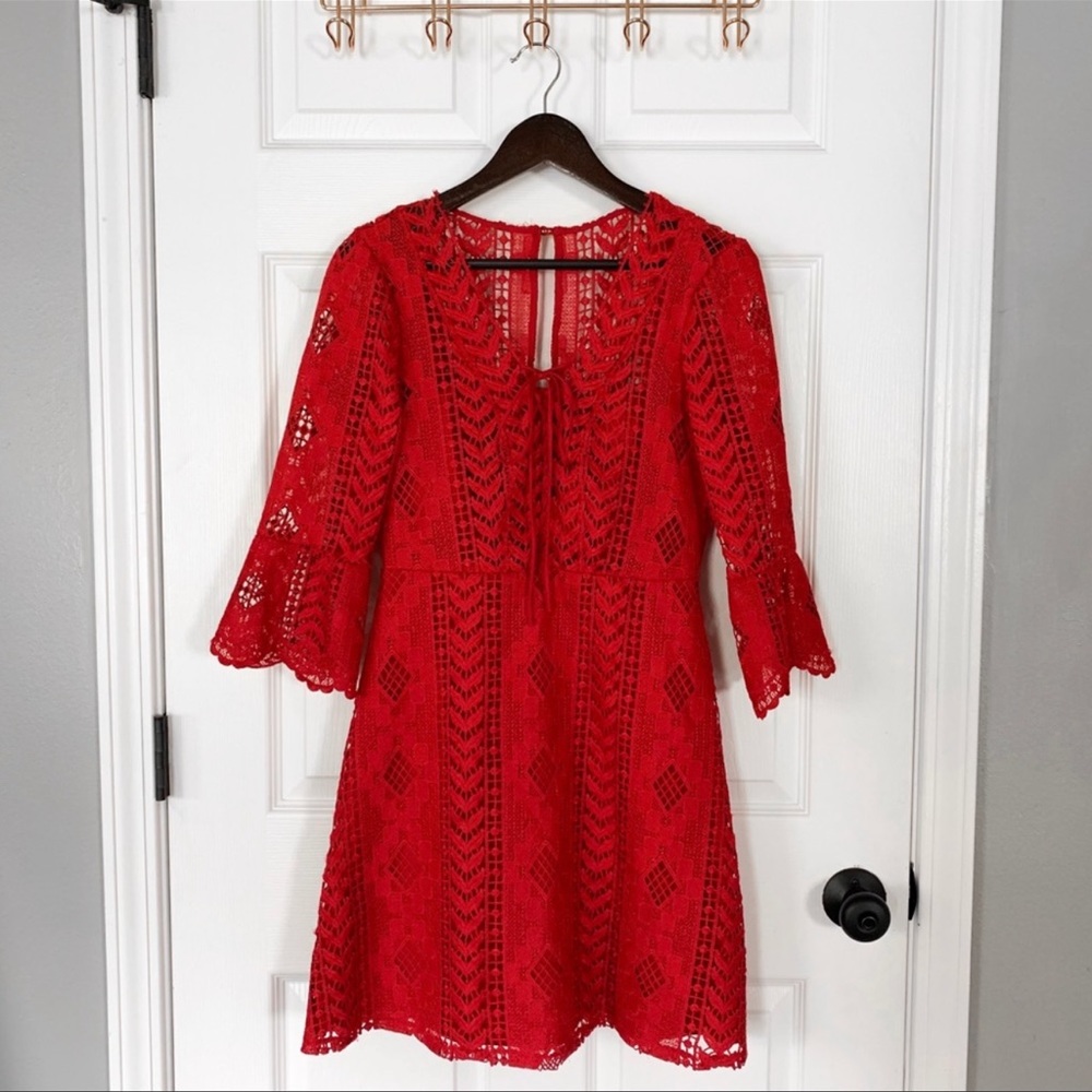 Cardinal Red Crochet Lace 3/4th Sleeve Dress